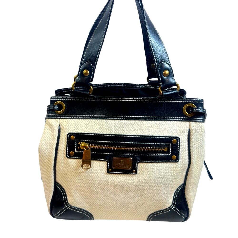Burberry Vintage White Canvas & Black Leather Tote Bag Gold Hardware
